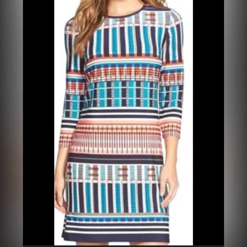 Eliza J sz 6 Petite Geometric Colorblock Vintage Eclectic Art Striped Midi Dress